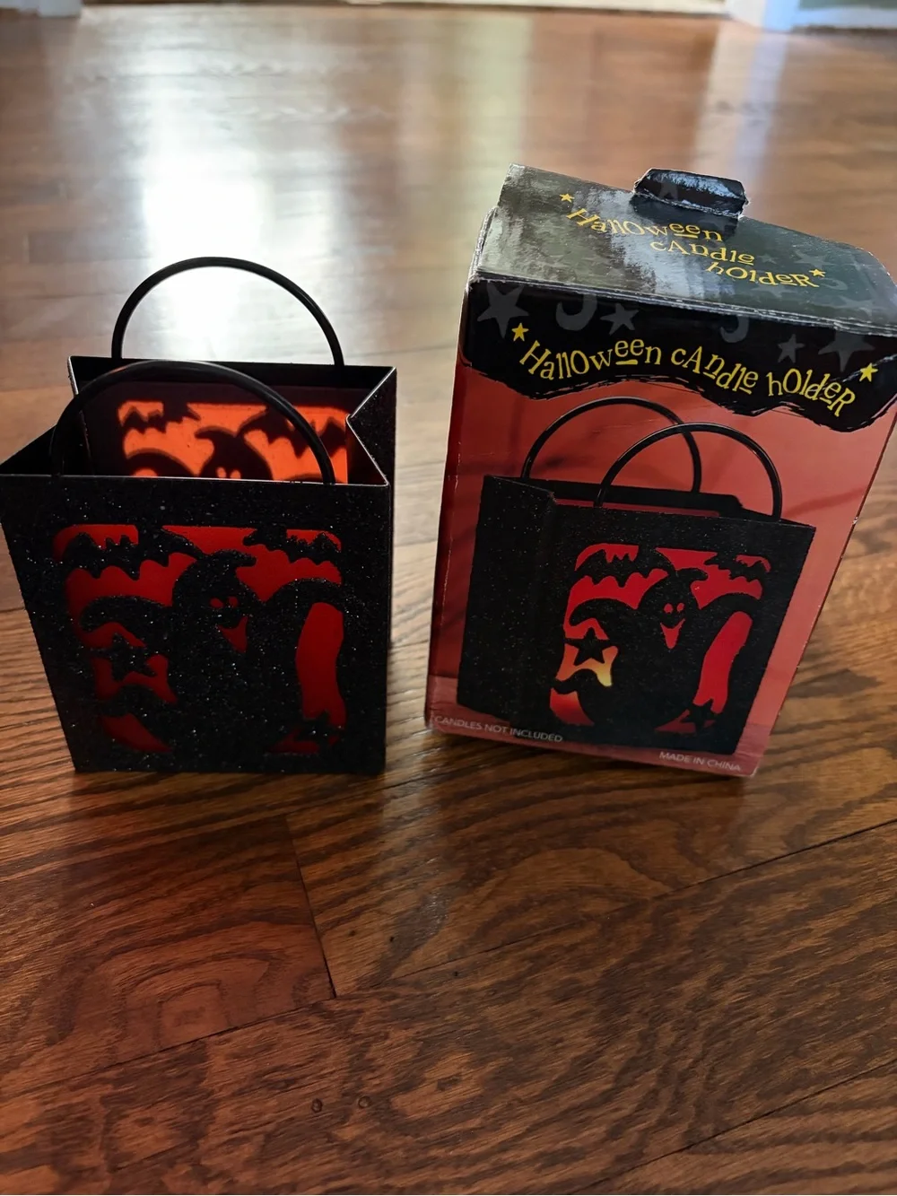 Halloween Ghost & Bat Glitter Trick or Treat Bag Votive Candle Holder